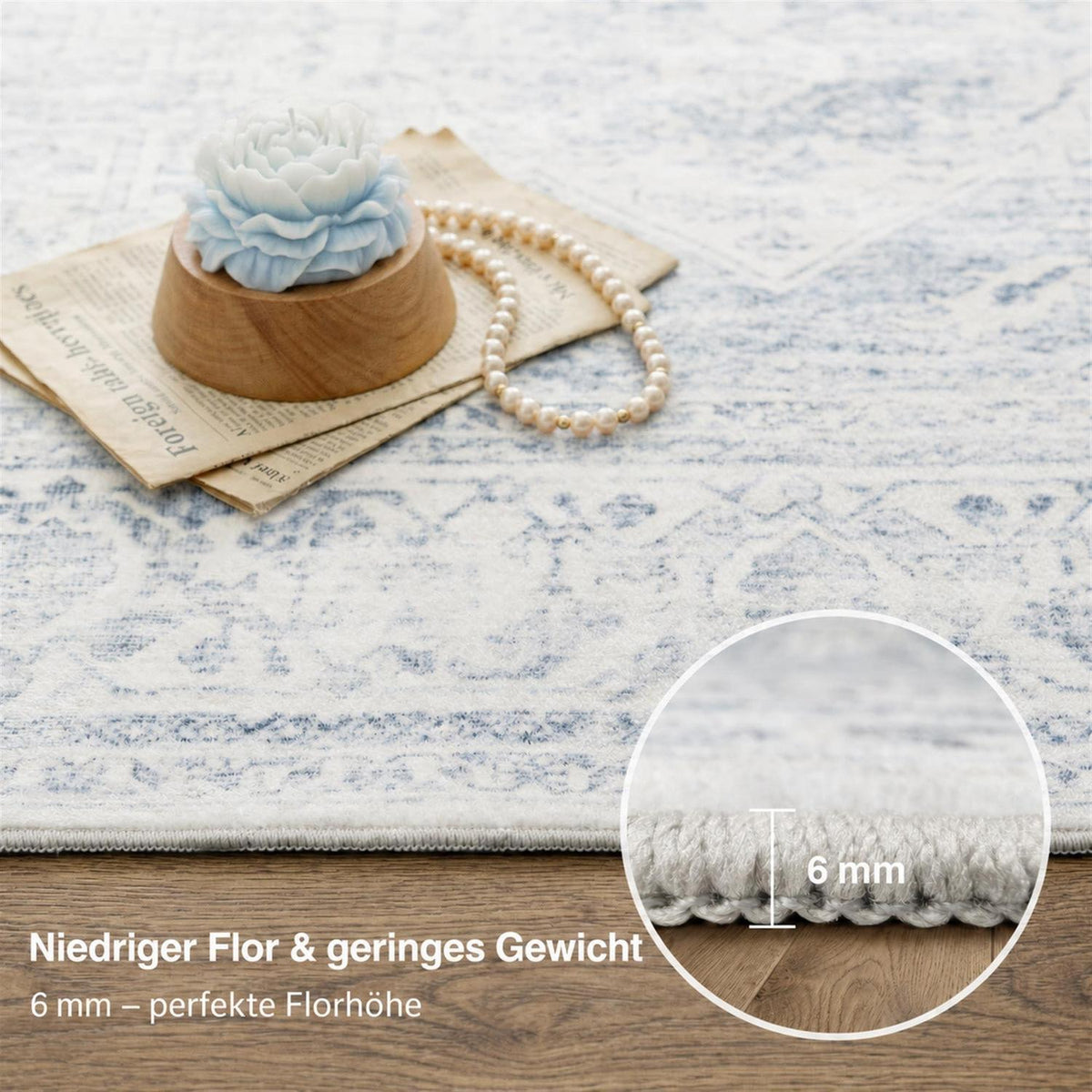 Waschbarer Vintage Teppich Blau 200x300 cm – Wohnzimmer Schlafzimmer