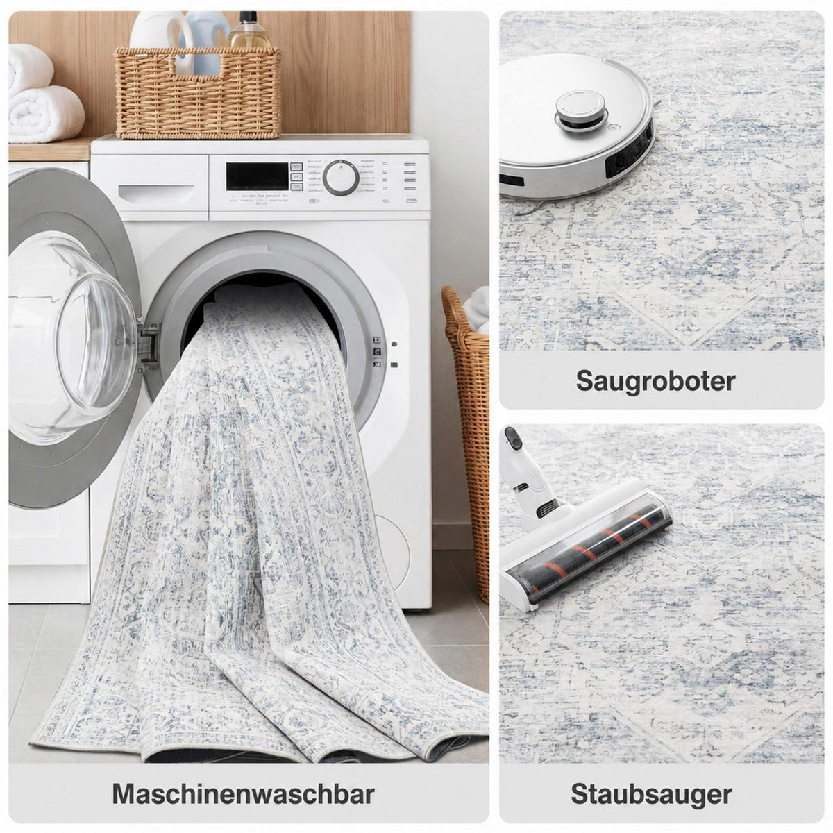 Waschbarer Vintage Teppich Blau 200x300 cm – Wohnzimmer Schlafzimmer