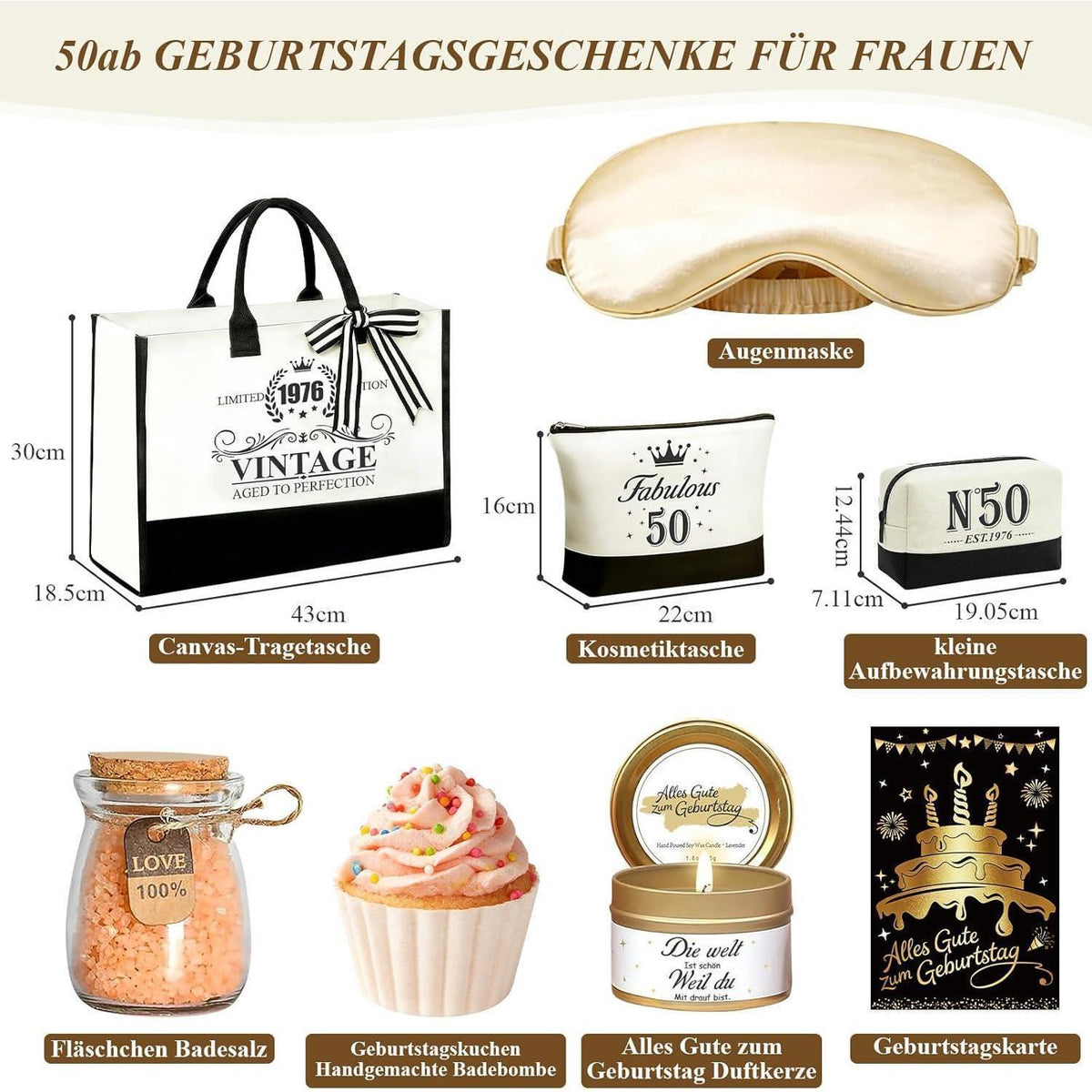 50. Geburtstag Geschenk Frau - 9tlg. Wellness Set mit Vintage Tasche