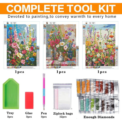 Diamond Painting Set 3er Blumen 5D für Erwachsene 30x40 cm