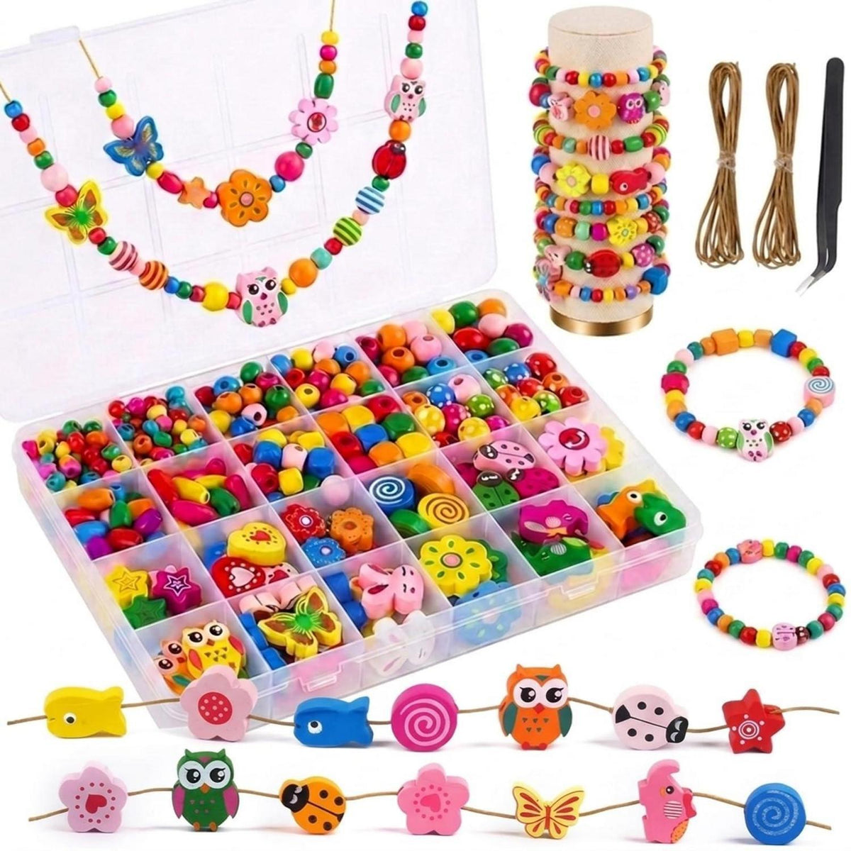 400 Holzperlen Set zum Auffädeln – Bunte DIY Bastelperlen für Kinder