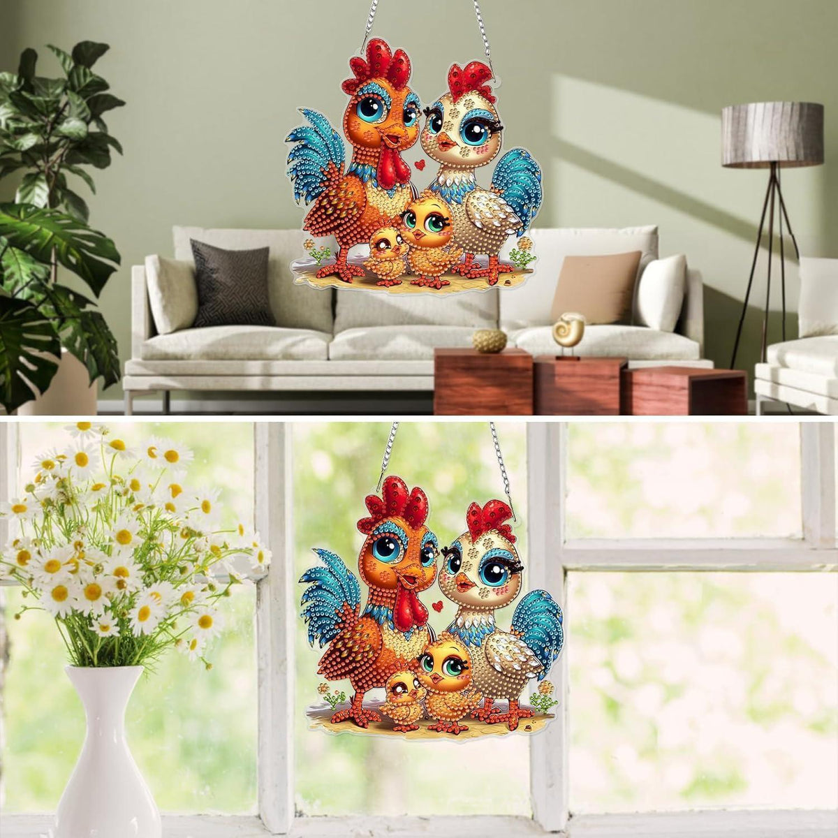 5D Diamantmalerei Anhänger Hühnerfamilie – DIY Fensterbild Set