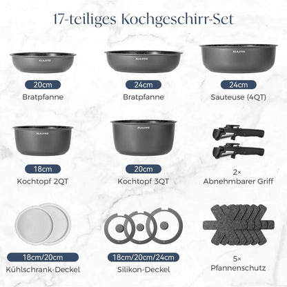 17-teiliges Topfset mit abnehmbarem Griff – Grau