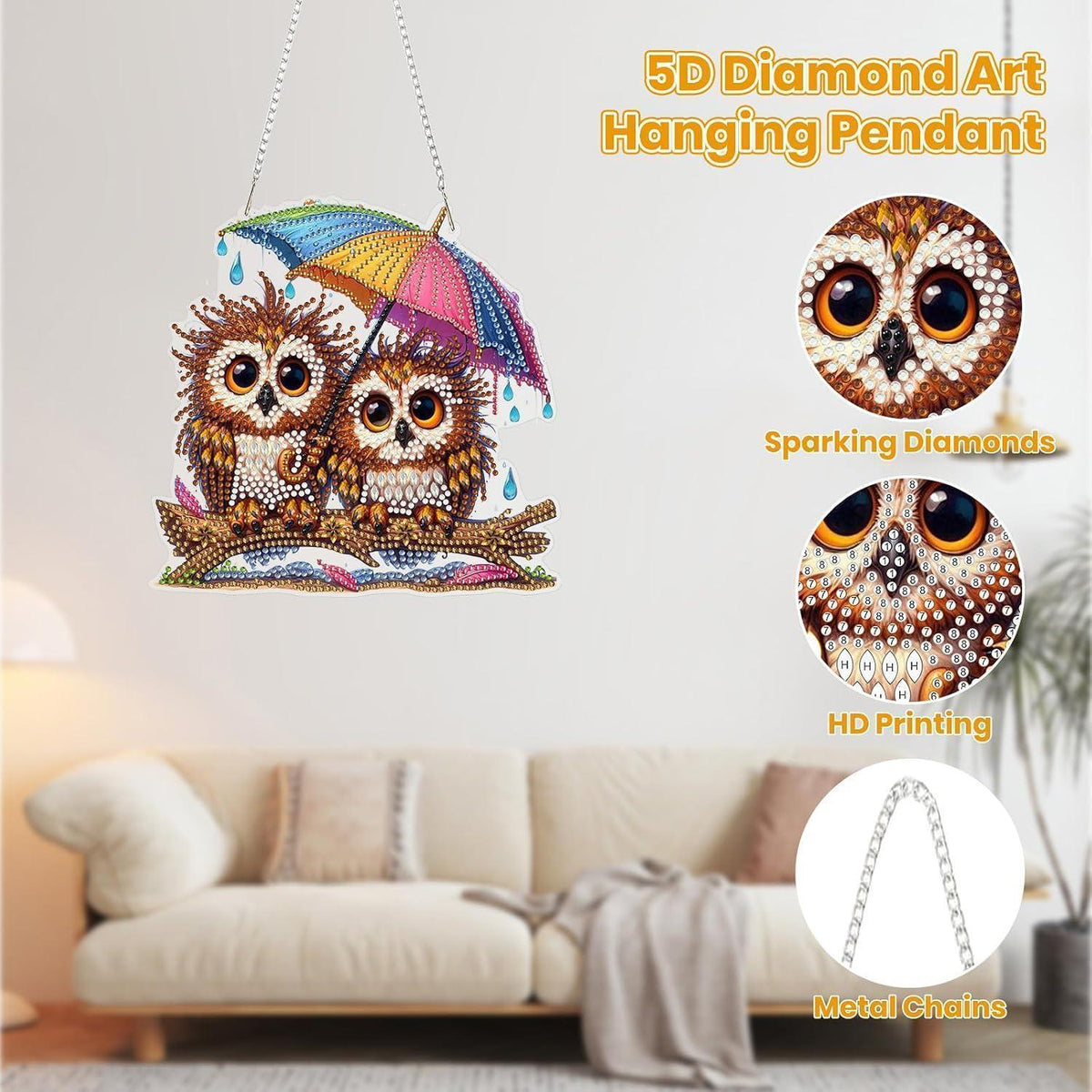 5D Diamant Painting Eule Anhänger mit Kette – Bastelset für Kinder & Erwachsene