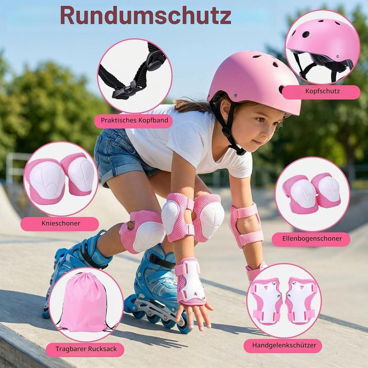 Knieschoner Set Kinder 3-10 Jahre mit Helm & Zubehör Rosa
