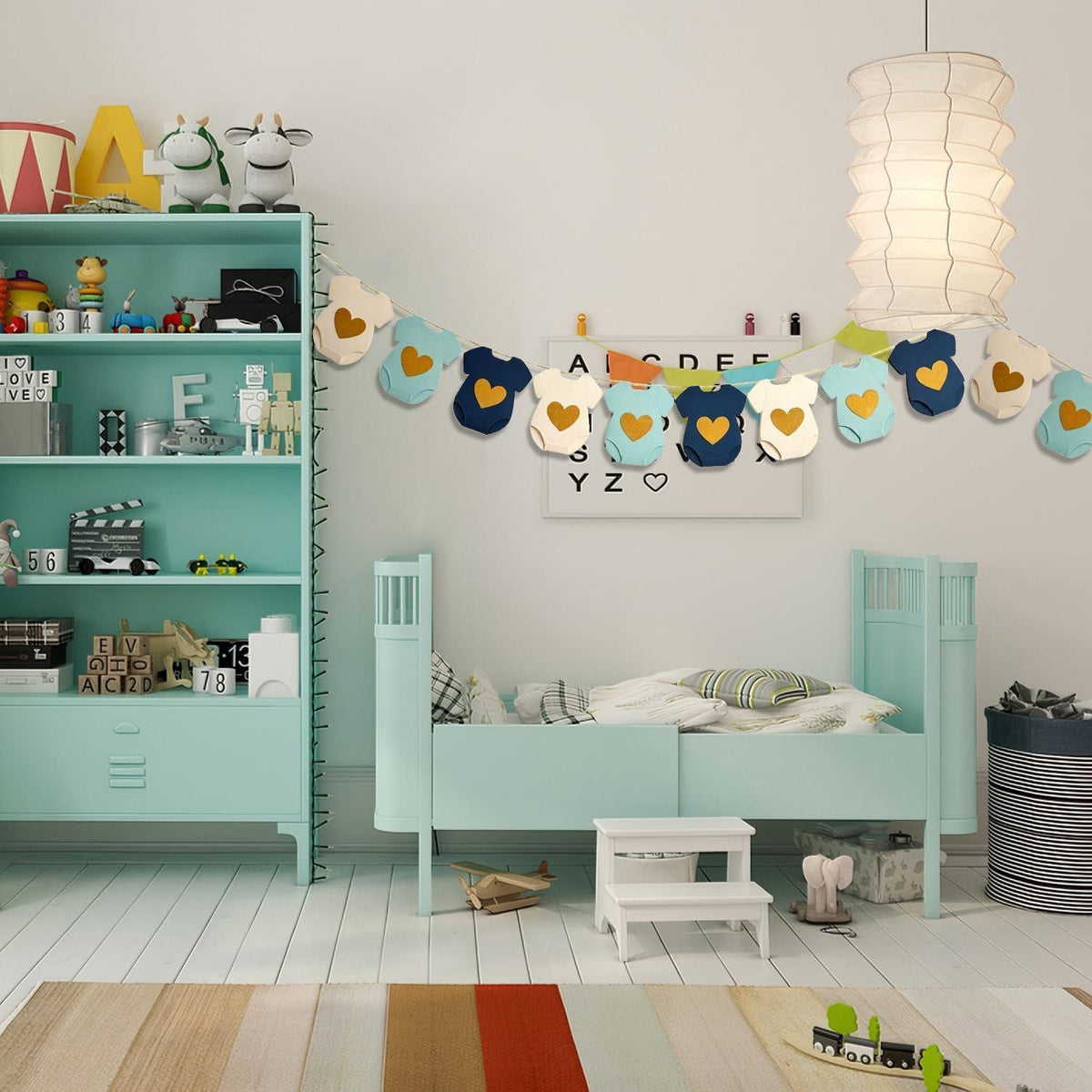Babyparty Girlande Weiß Blau Beige | Deko für Babyparty & Kinderzimmer