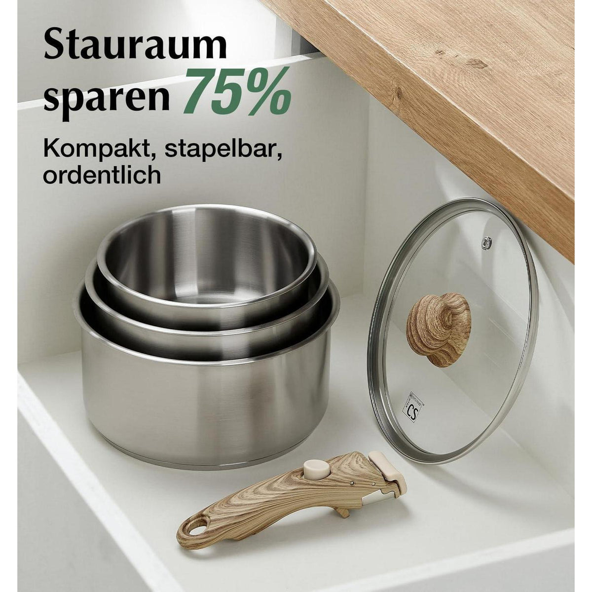 Edelstahl Topfset 6-teilig mit abnehmbaren Griffen
