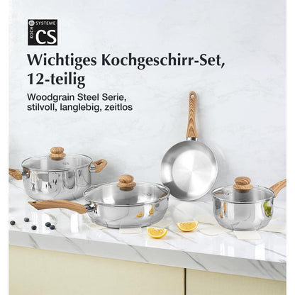 12-teiliges Edelstahl Kochset mit Tri-Ply Boden