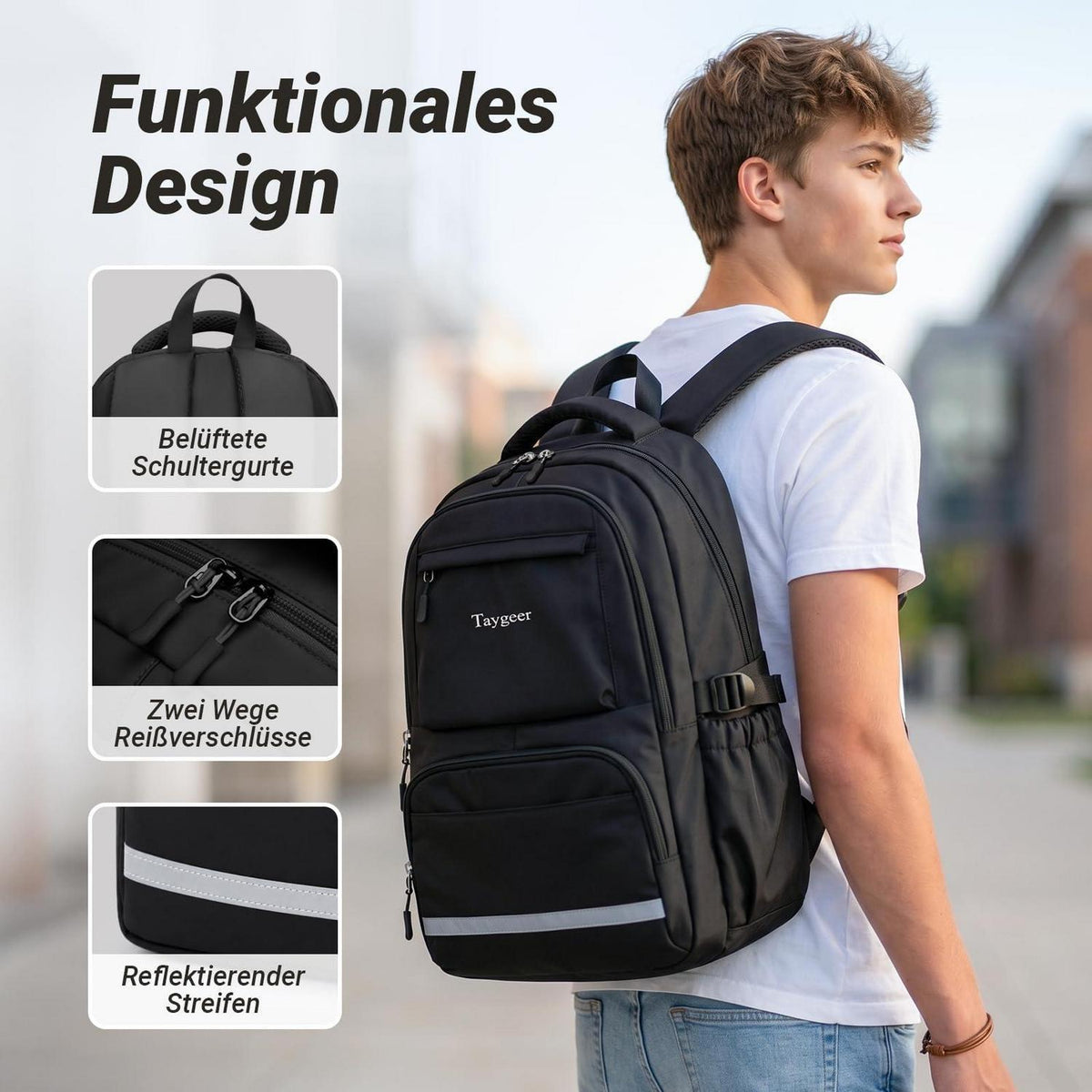 Schulrucksack Teenager Schwarz 15.6" Laptopfach & Wasserabweisend