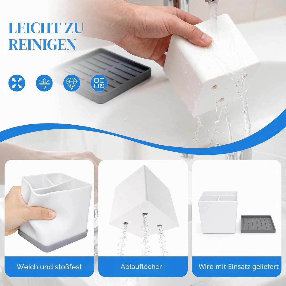 Silikon Zahnbürstenhalter 3-fach Grau Weiß Badezimmer Organizer
