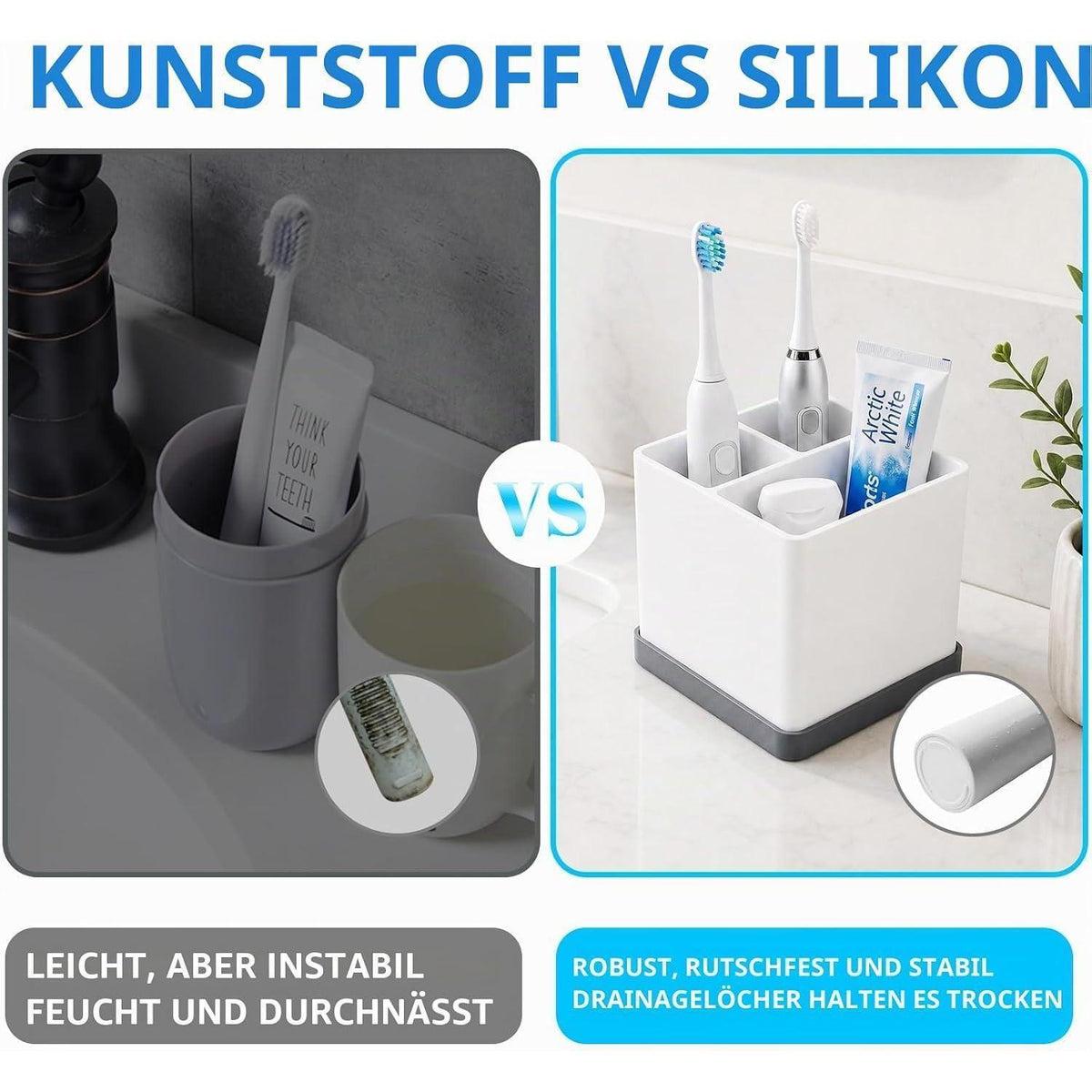Silikon Zahnbürstenhalter 3-fach Grau Weiß Badezimmer Organizer