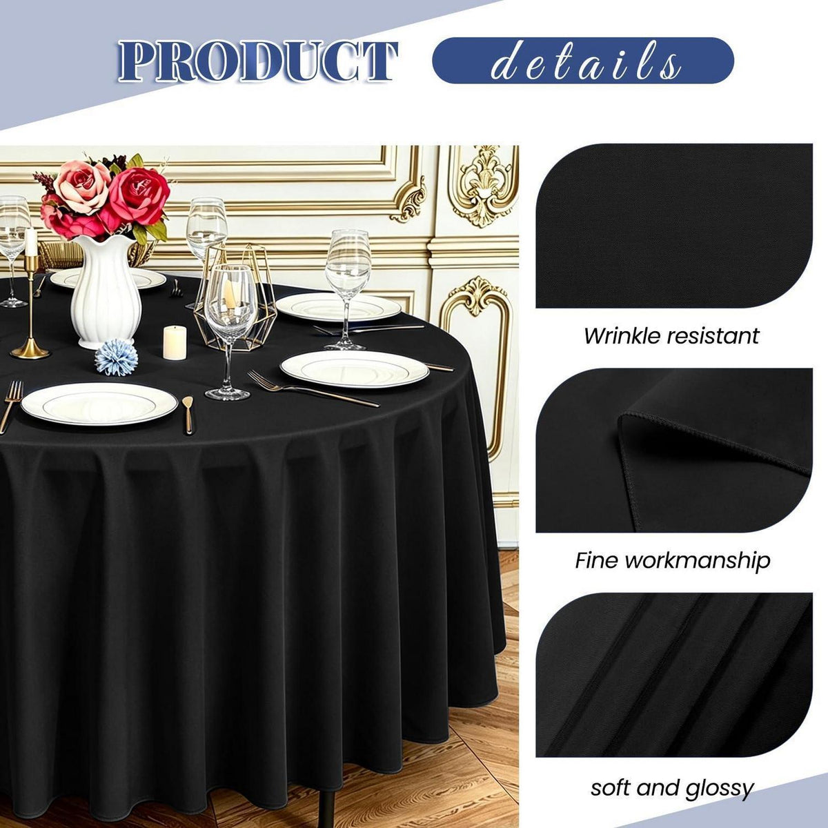 6x Runde Tischdecke Schwarz, 305 cm – Waschbar & Wiederverwendbar