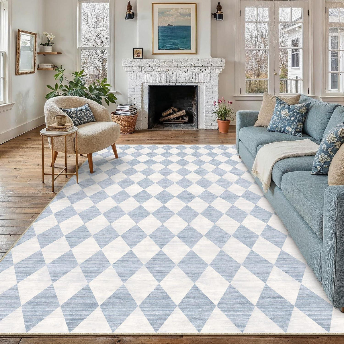 Blauer Karierte Teppich 200x300cm Waschbar – Modern & Weich