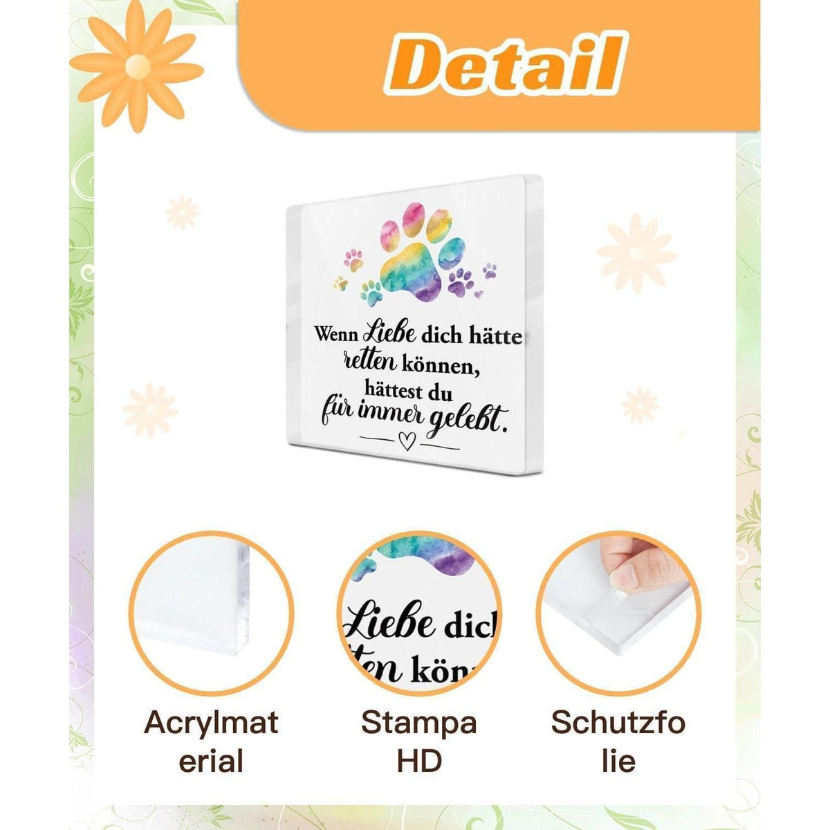 Acryl Gedenkbild für Hund – Pfote Regenbogen & Trauerbotschaft