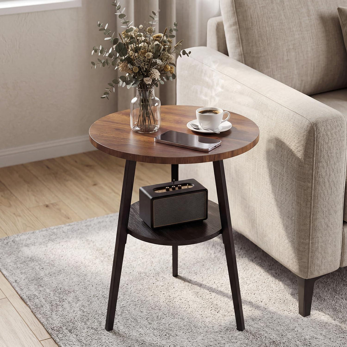 Runder Beistelltisch Vintage Nussbaumoptik mit 2 Etagen