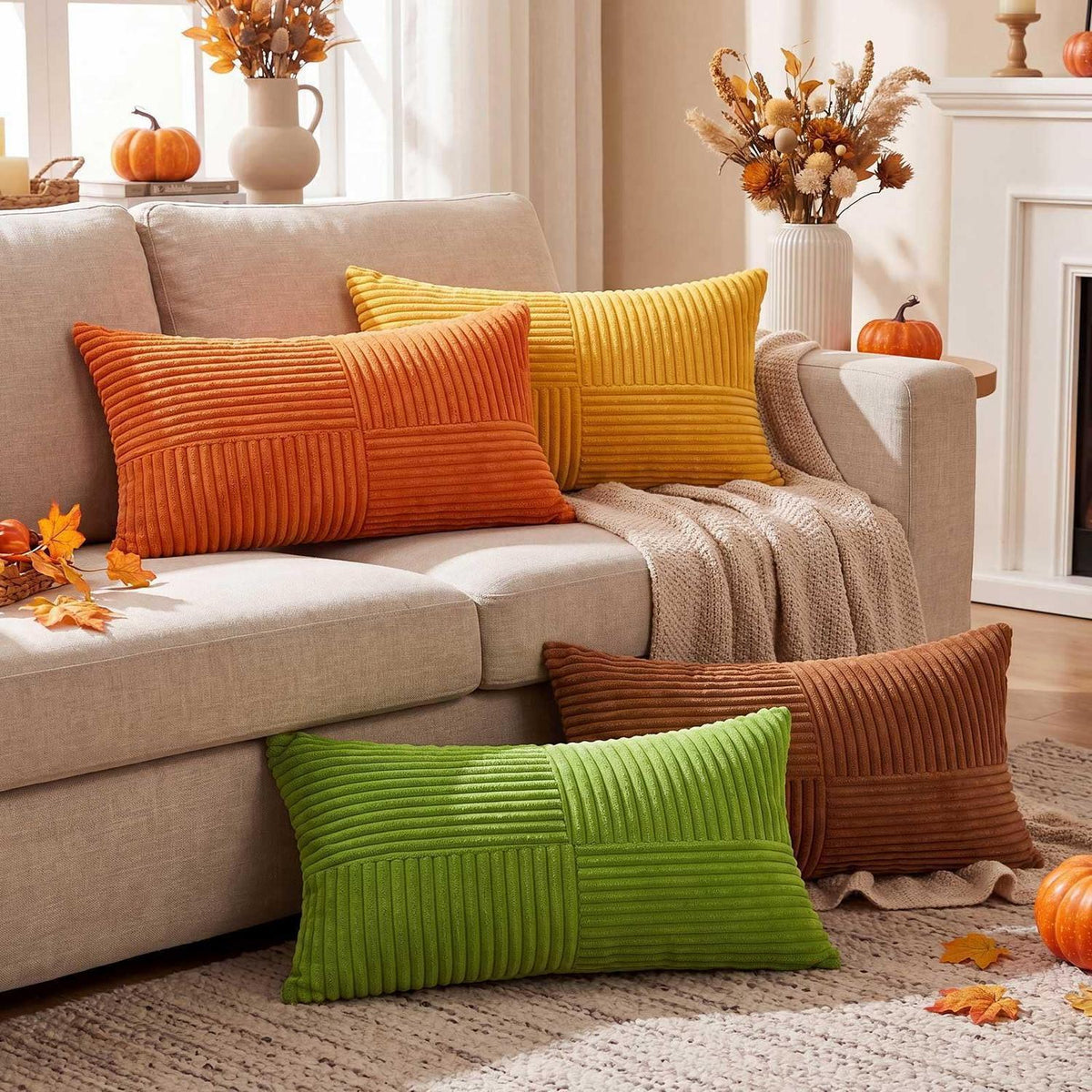 4er Set Herbst Kissenbezüge 40x60 cm Gestreift Plüsch