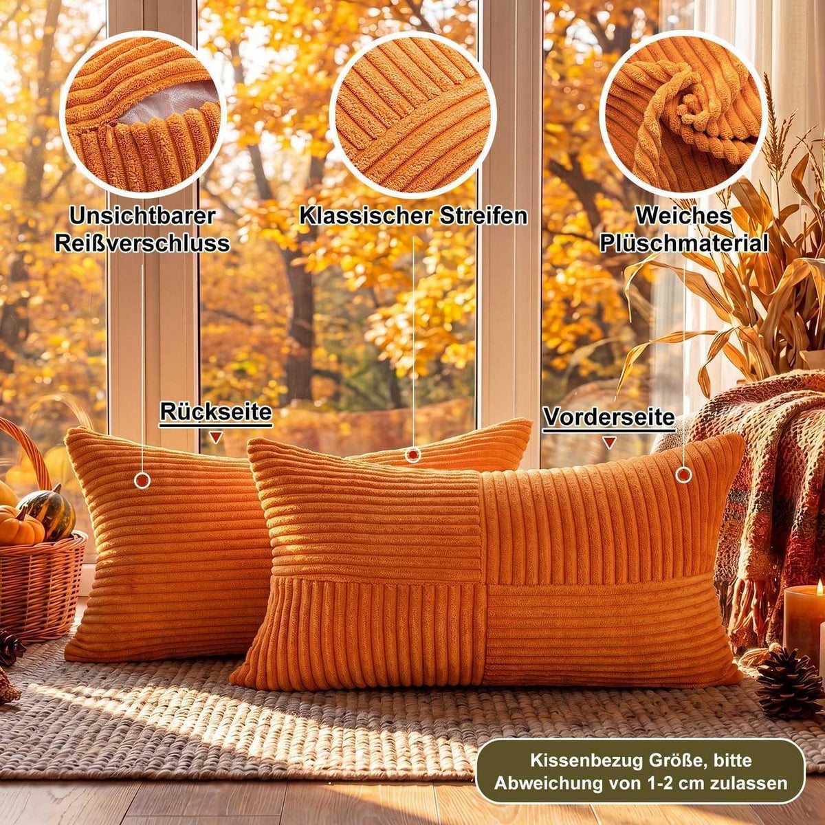 4er Set Herbst Kissenbezüge 40x60 cm Gestreift Plüsch
