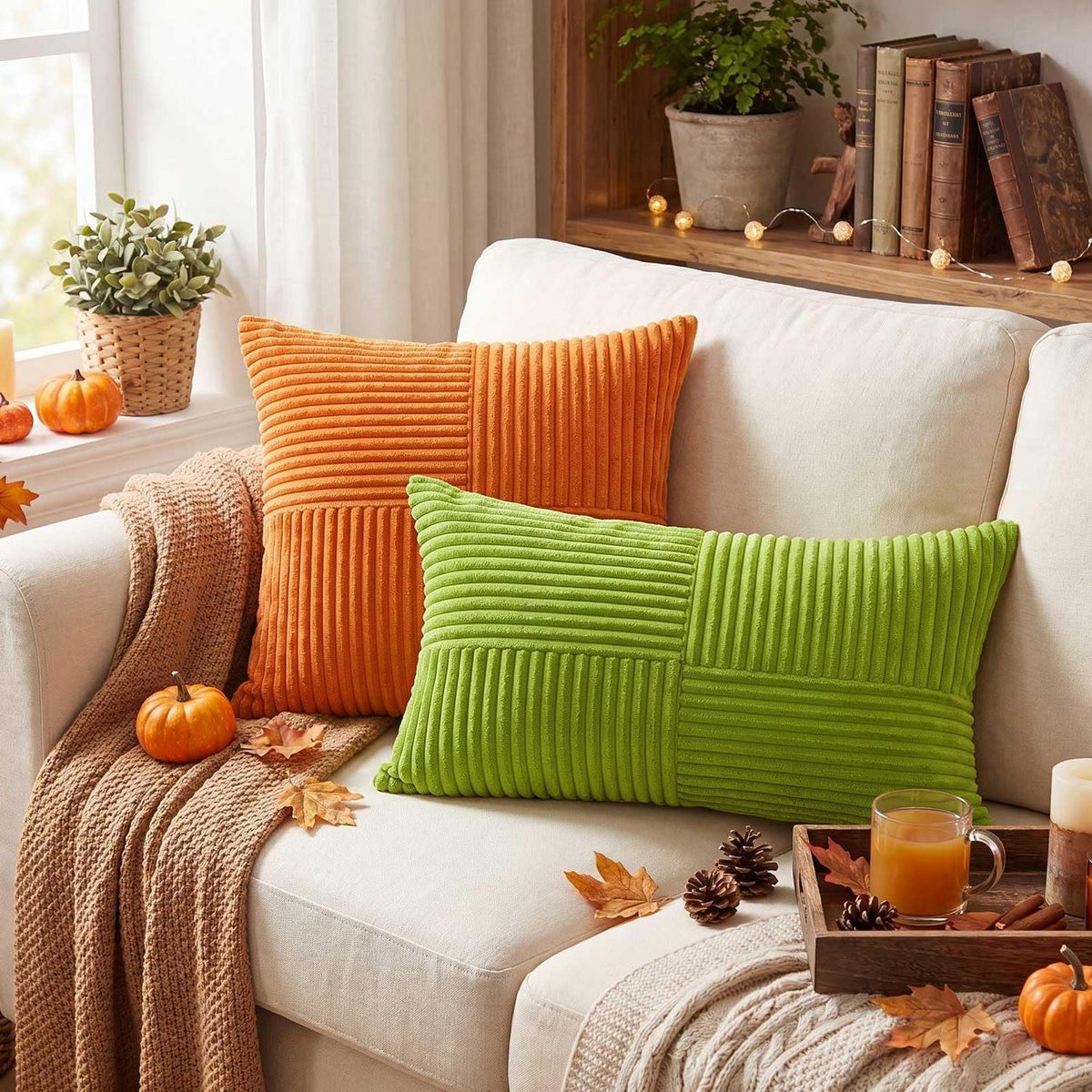 4er Set Herbst Kissenbezüge 40x60 cm Gestreift Plüsch