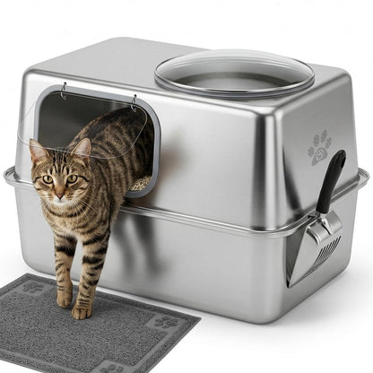 XXL Edelstahl Katzenklo mit Deckel & Streumatte