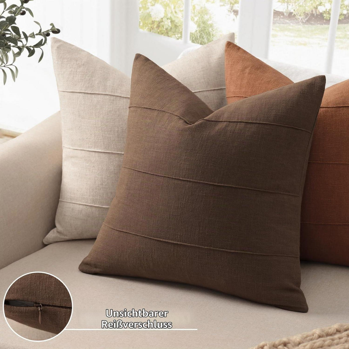 Leinen Kissenbezug 40x40 Dunkelbraun 2er Set mit Streifen