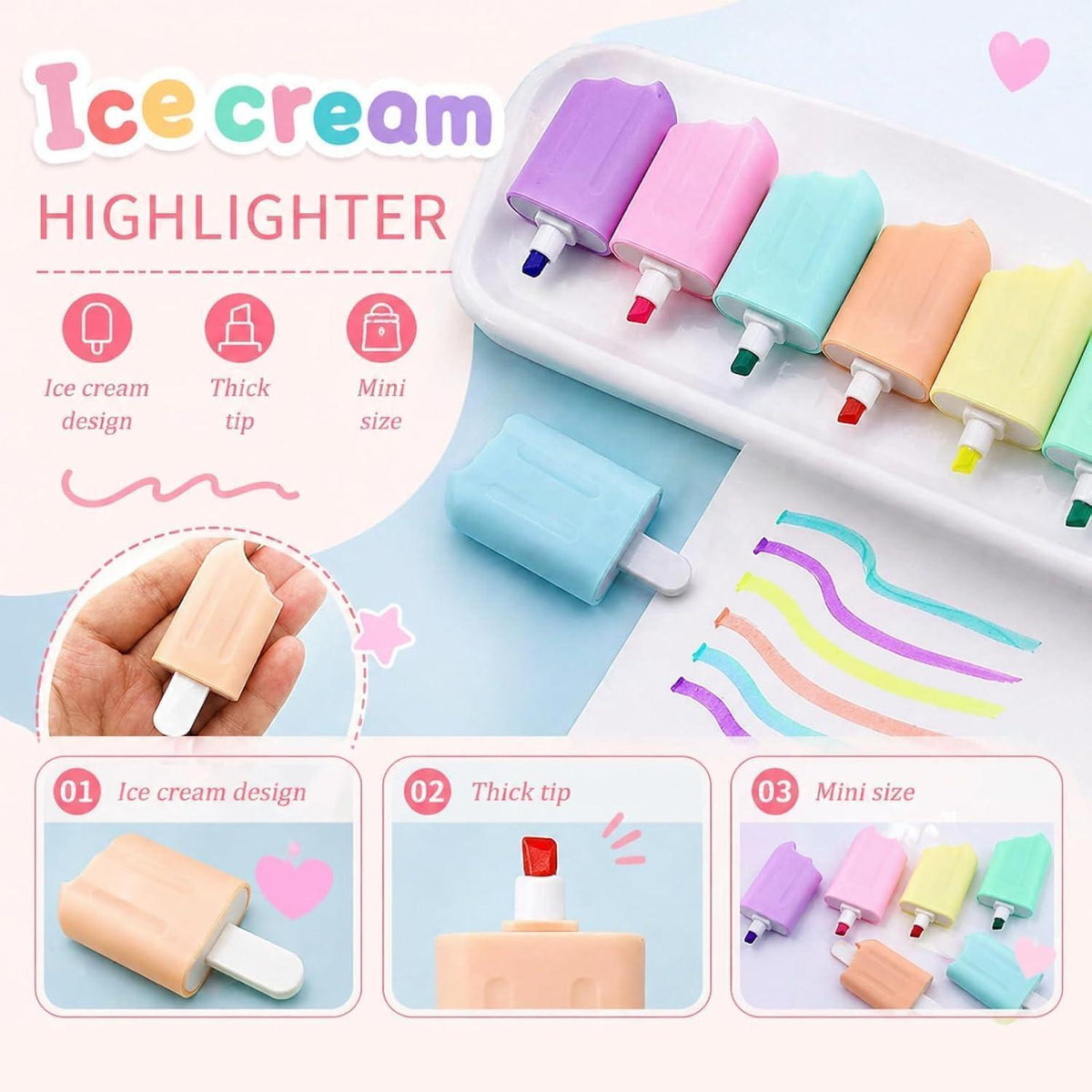 24 Mini Textmarker Set – 6 Pastellfarben, Eisförmig