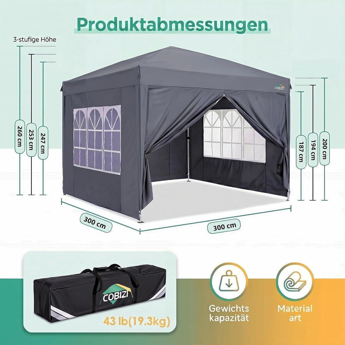 Faltpavillon 3x3 Wasserdicht mit Seitenwänden – Grau