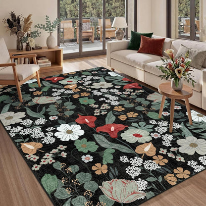 Waschbarer Teppich Schwarz 120x180cm Blumenmuster Boho Wohnzimmer
