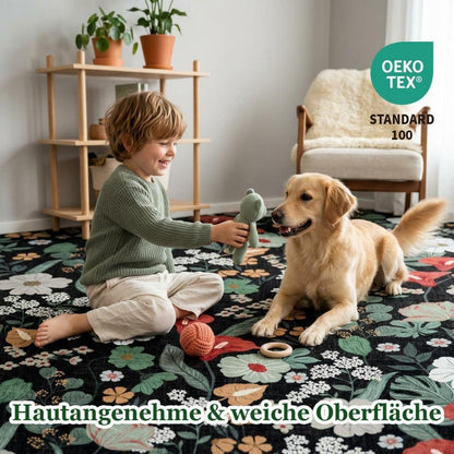 Waschbarer Teppich Schwarz 120x180cm Blumenmuster Boho Wohnzimmer