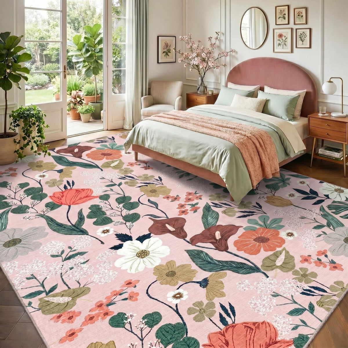 Waschbarer Teppich Wohnzimmer Beige 160x230 cm – Boho Blumen Design
