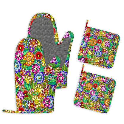 Ofenhandschuhe & Topflappen Set Retro Blumen Silikon Hitzebeständig