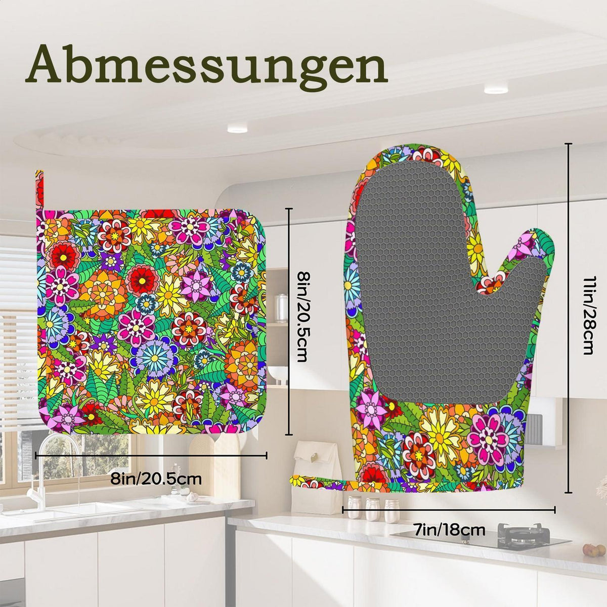 Ofenhandschuhe & Topflappen Set Retro Blumen Silikon Hitzebeständig