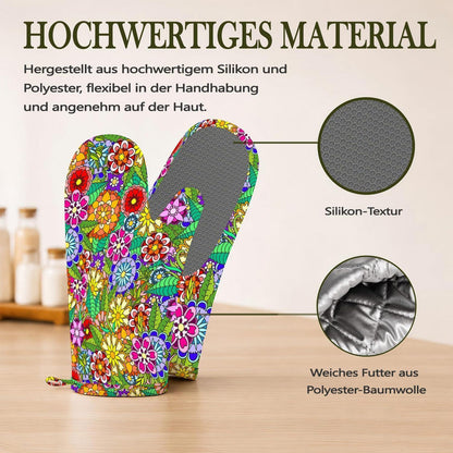 Ofenhandschuhe & Topflappen Set Retro Blumen Silikon Hitzebeständig