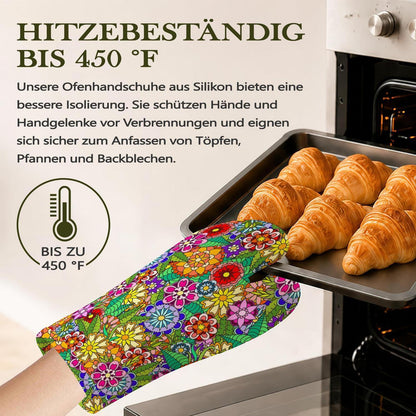 Ofenhandschuhe & Topflappen Set Retro Blumen Silikon Hitzebeständig