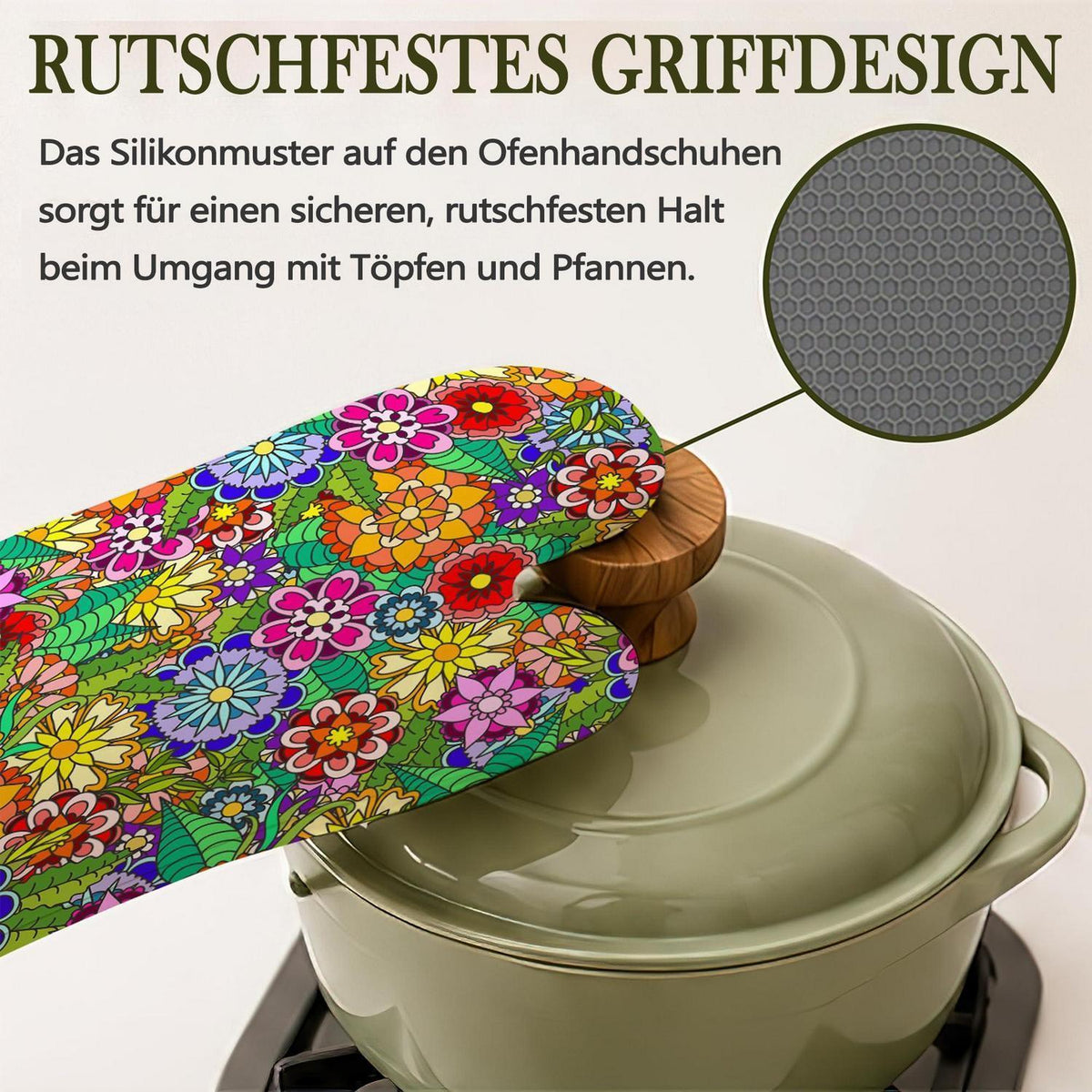 Ofenhandschuhe & Topflappen Set Retro Blumen Silikon Hitzebeständig
