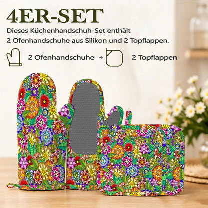 Ofenhandschuhe & Topflappen Set Retro Blumen Silikon Hitzebeständig