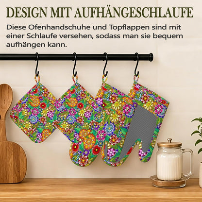Ofenhandschuhe & Topflappen Set Retro Blumen Silikon Hitzebeständig