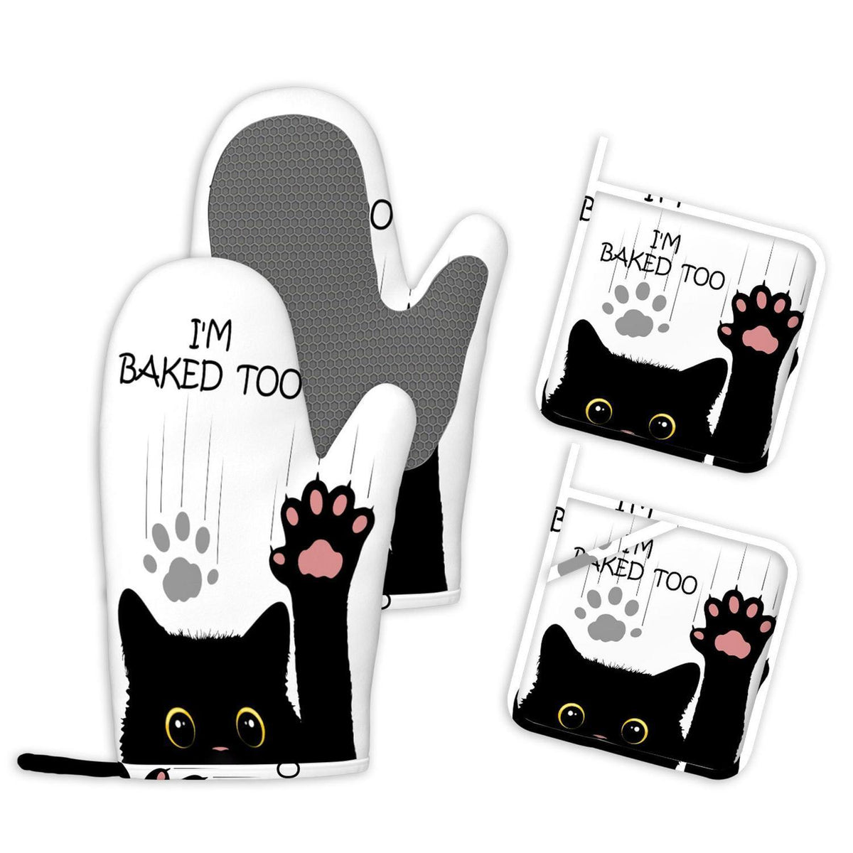 Ofenhandschuhe & Topflappen Set Katzenmotiv – Hitzebeständig & Rutschfest