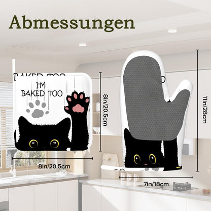 Ofenhandschuhe & Topflappen Set Katzenmotiv – Hitzebeständig & Rutschfest