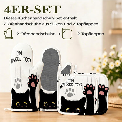 Ofenhandschuhe & Topflappen Set Katzenmotiv – Hitzebeständig & Rutschfest