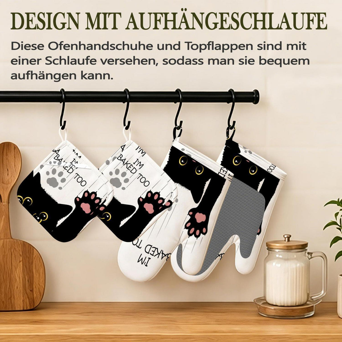 Ofenhandschuhe & Topflappen Set Katzenmotiv – Hitzebeständig & Rutschfest