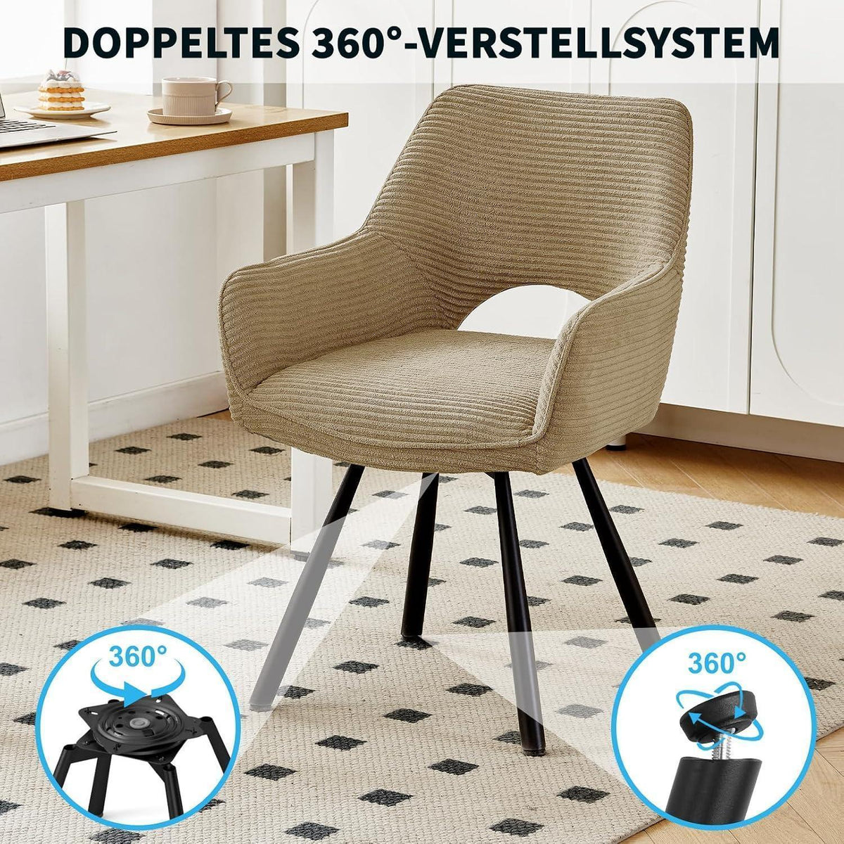 360° Drehbarer Esszimmerstuhl mit Armlehnen, Braun