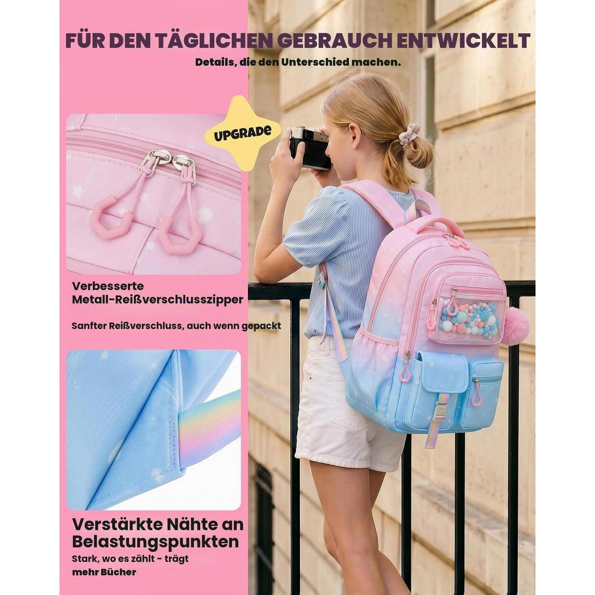 3-tlg. Schulrucksack Set Mädchen Hellblau – Rucksack, Lunchbag & Federmäppchen