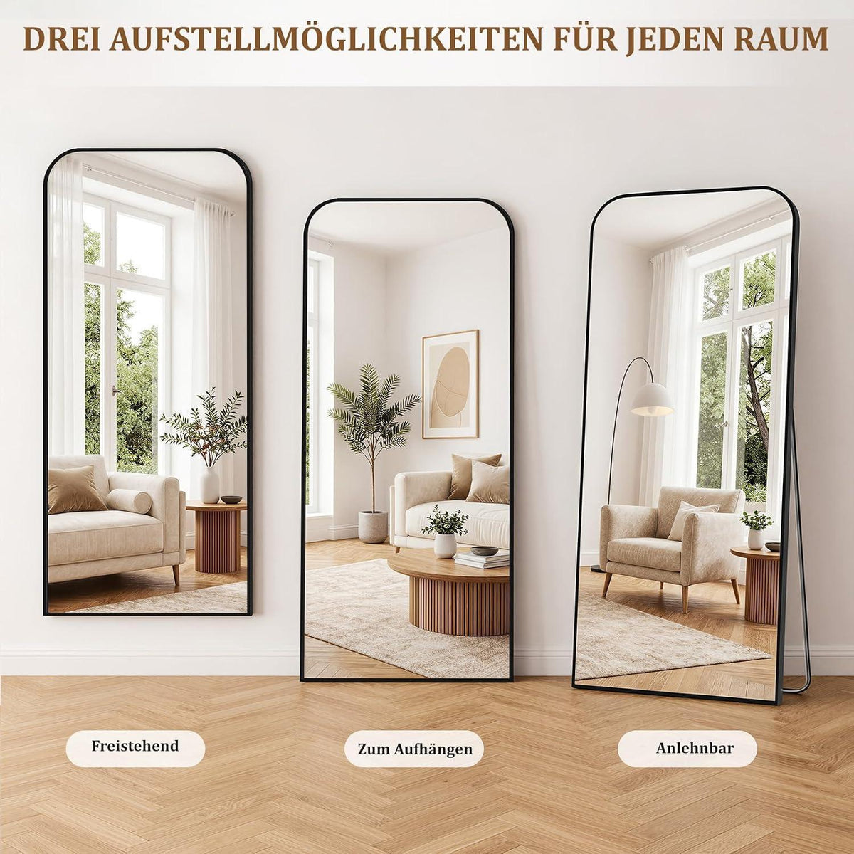 Ganzkörperspiegel 165x60cm Standspiegel mit Aluminiumrahmen Schwarz
