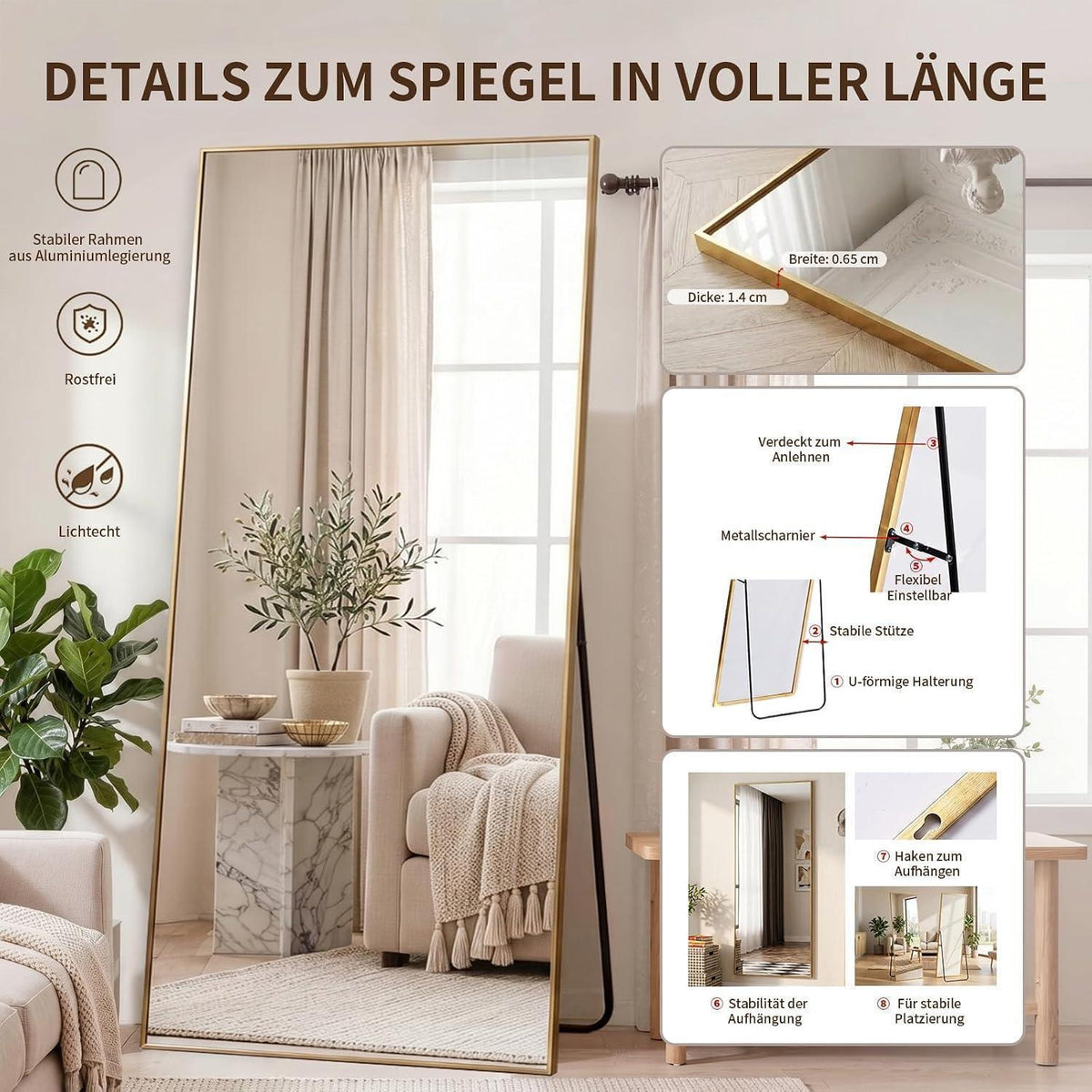 Ganzkörperspiegel Standspiegel 171x76cm Gold