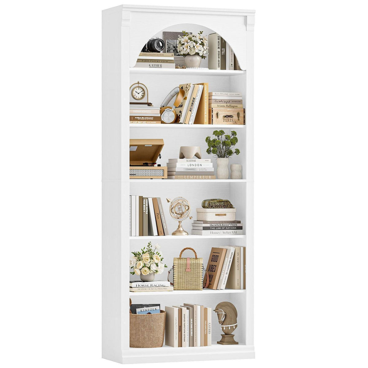 Bücherregal 75 cm | Gewölbter Schrank mit 6 Fächern, Weiß