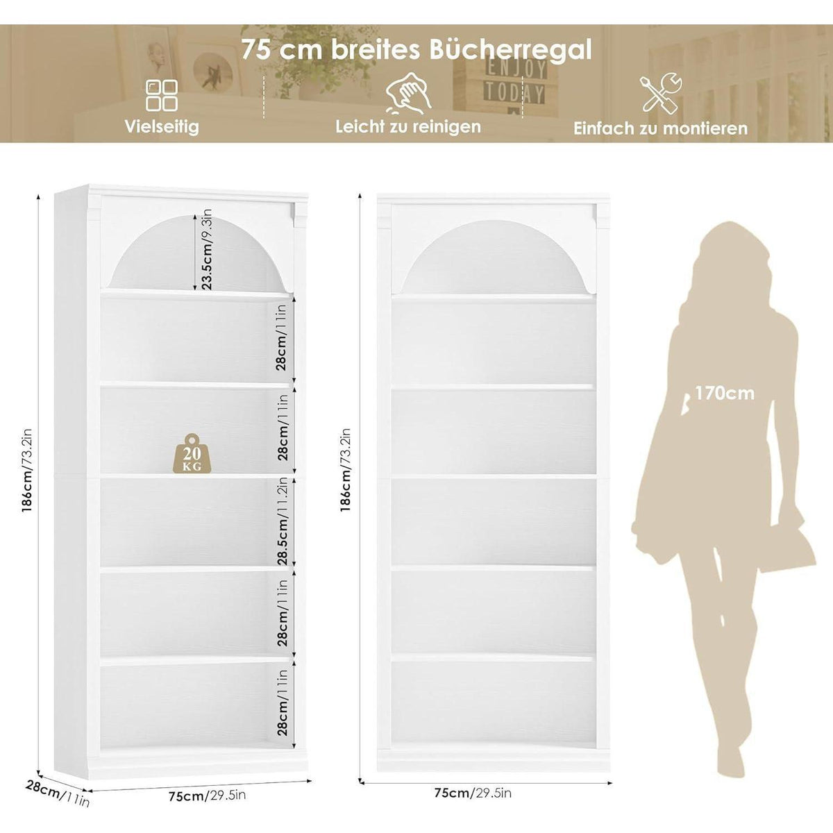 Bücherregal 75 cm | Gewölbter Schrank mit 6 Fächern, Weiß