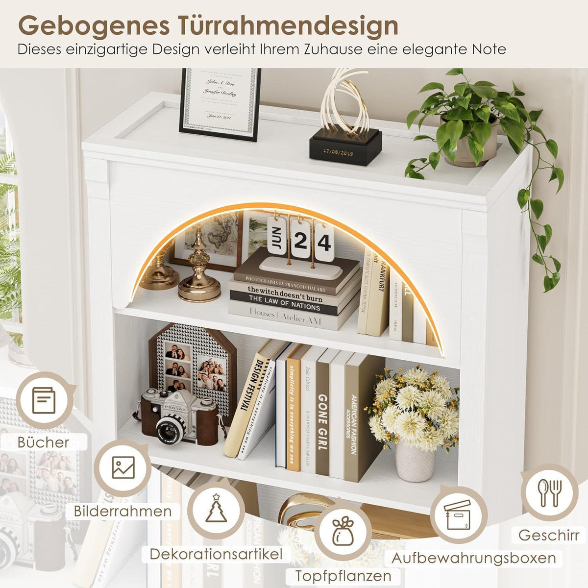 Bücherregal 75 cm | Gewölbter Schrank mit 6 Fächern, Weiß