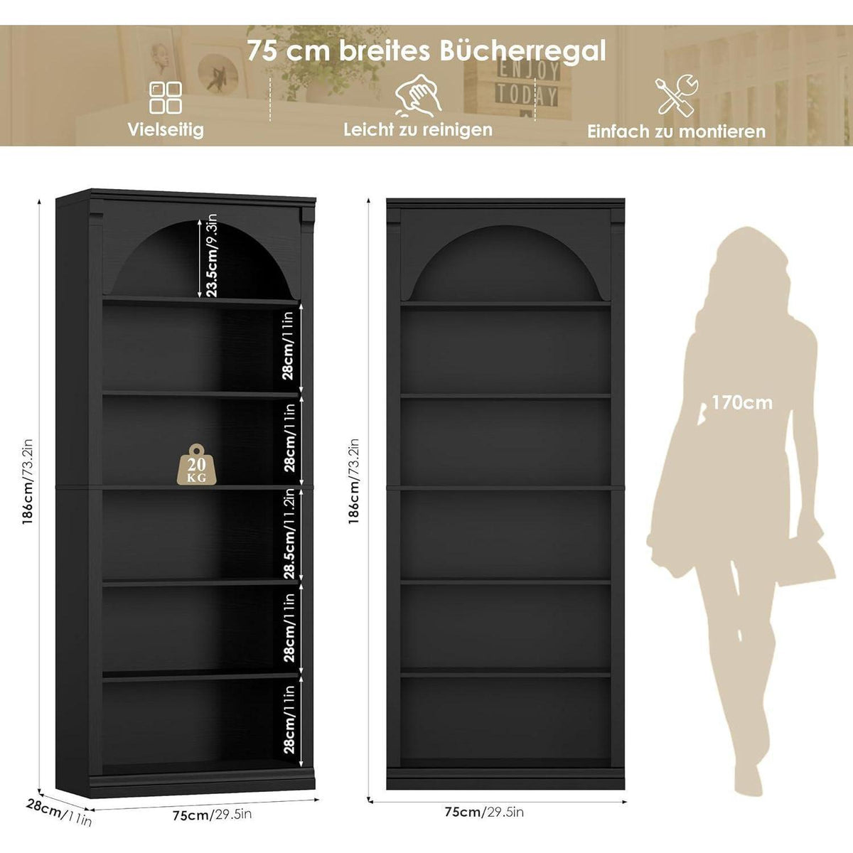 Bücherregal 75 cm | Gewölbter Schrank mit 6 Fächern, Schwarz