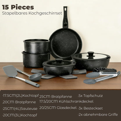18-teiliges Kochgeschirr Set mit abnehmbaren Griffen & Granitbeschichtung