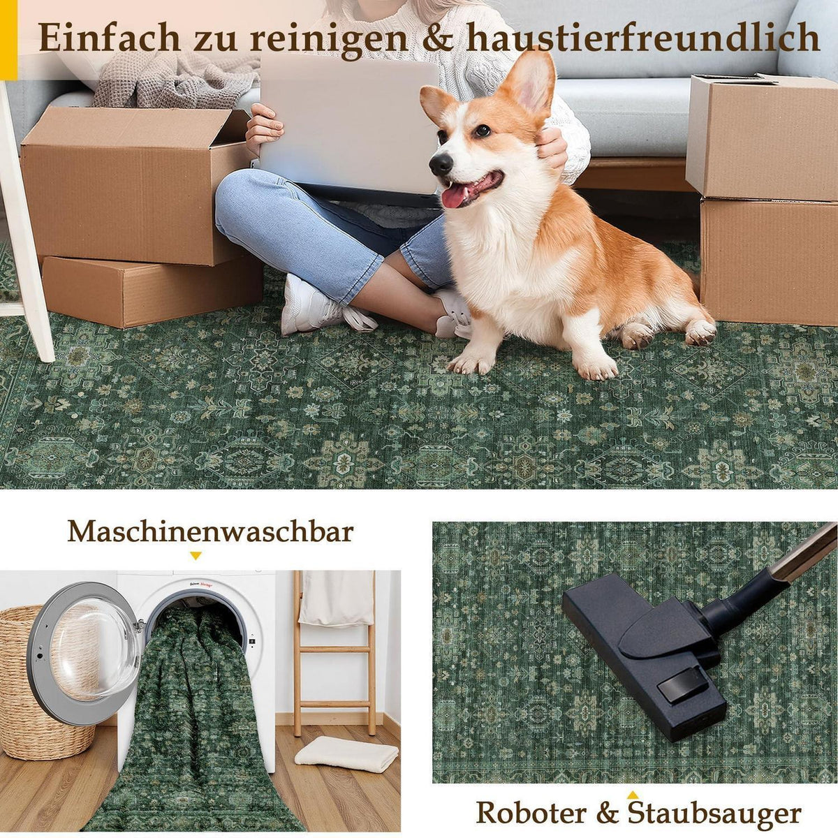 Vintage Teppich Grün 300x400cm - Rechteckiger Wohnzimmerteppich